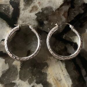 Thai Sterling Silver Diamond Cut Tube Hoop Earrings, Stamped 925